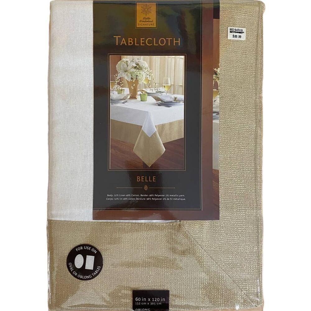 Winter Wonderland Signature Tablecloth Belle White Gold Border 60 in x 120 in
